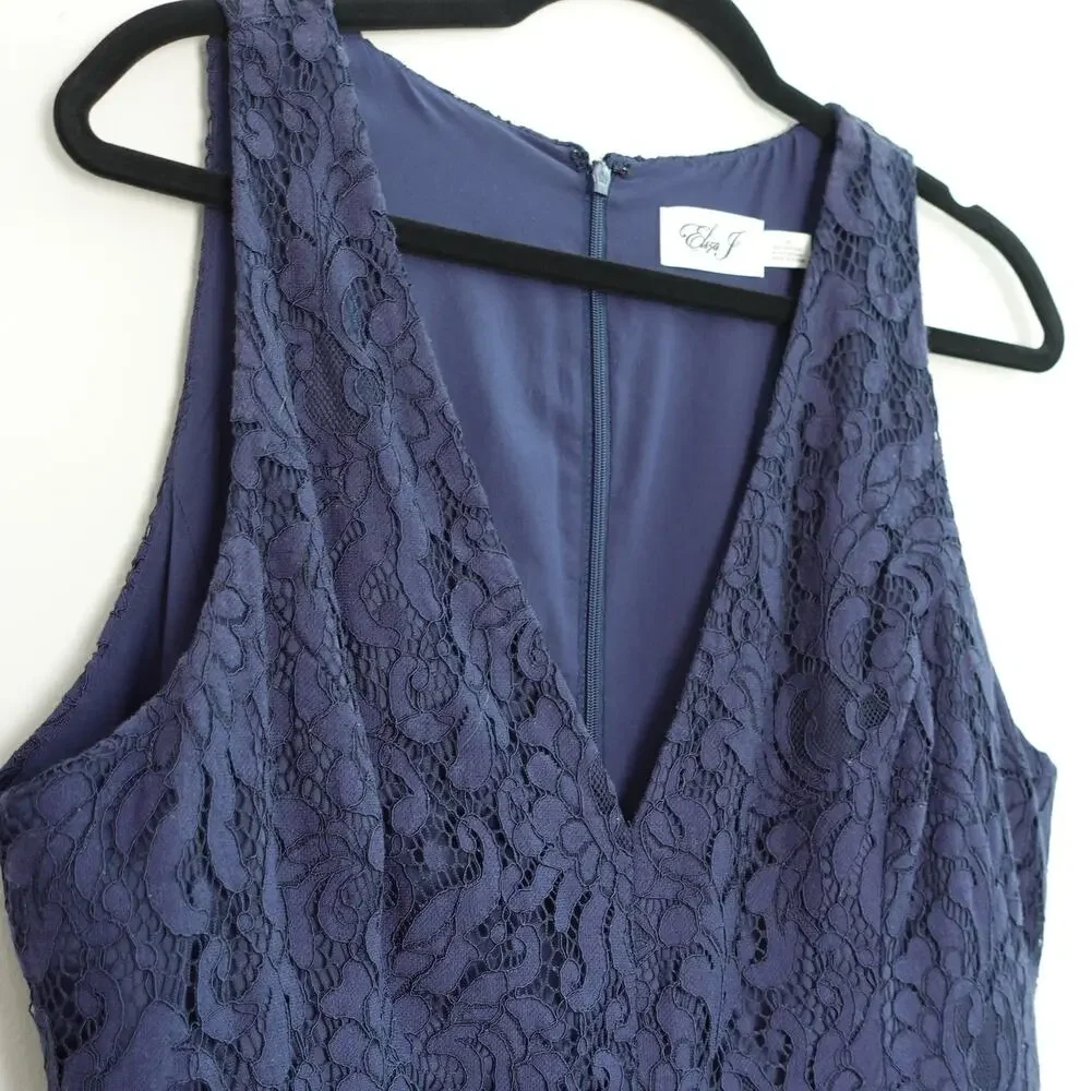 Eliza J Navy Tiered Fit Flare Floral Lace Short Cocktail Party Dress Size 16 - Picture 5 of 8
